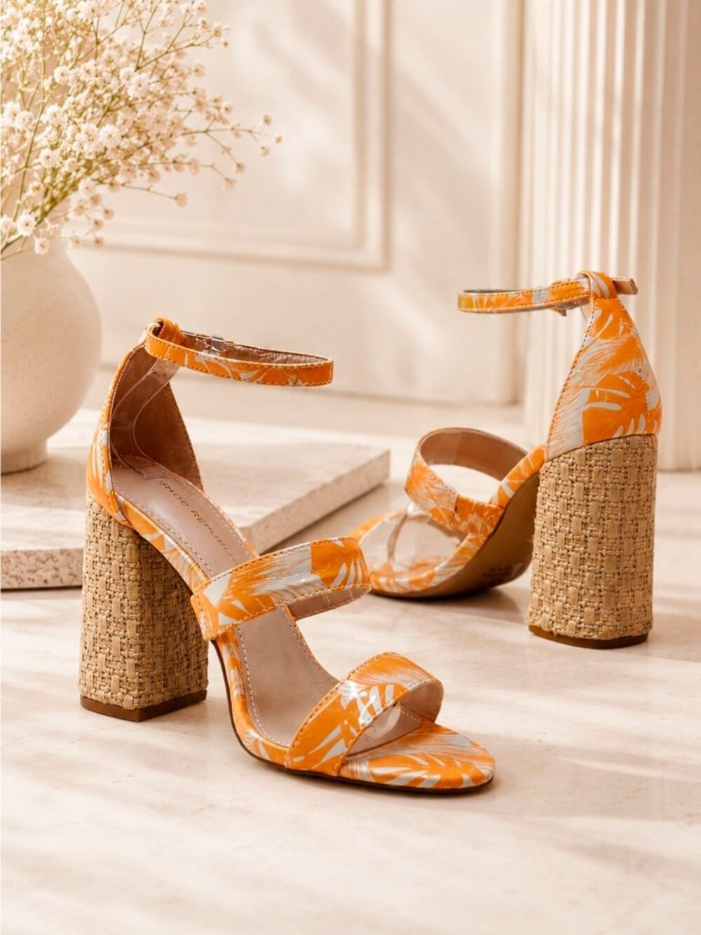 Orange Palm-Print Block Heel Sandals With Cork Texture & Adjustable Ankle Strap